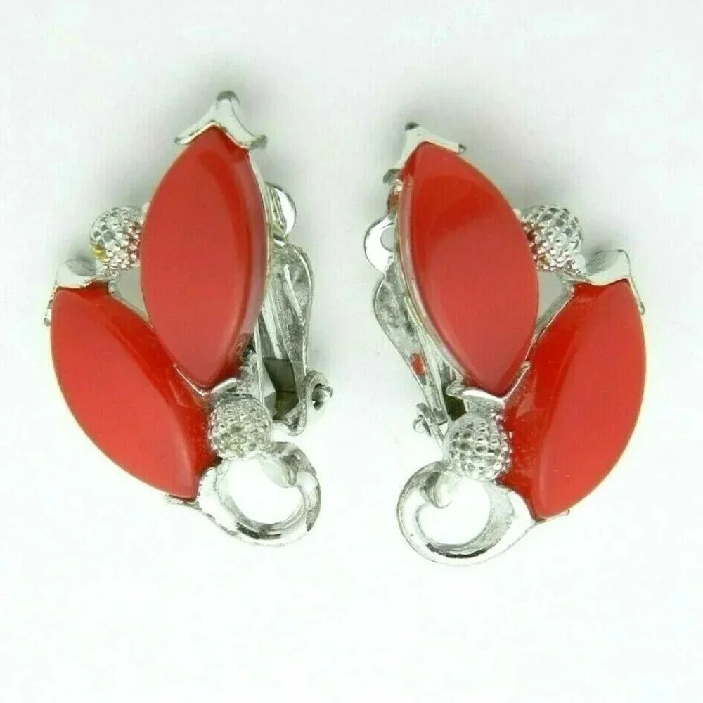 Silver Tone Red Pink Thermoset Flower Clip Earring